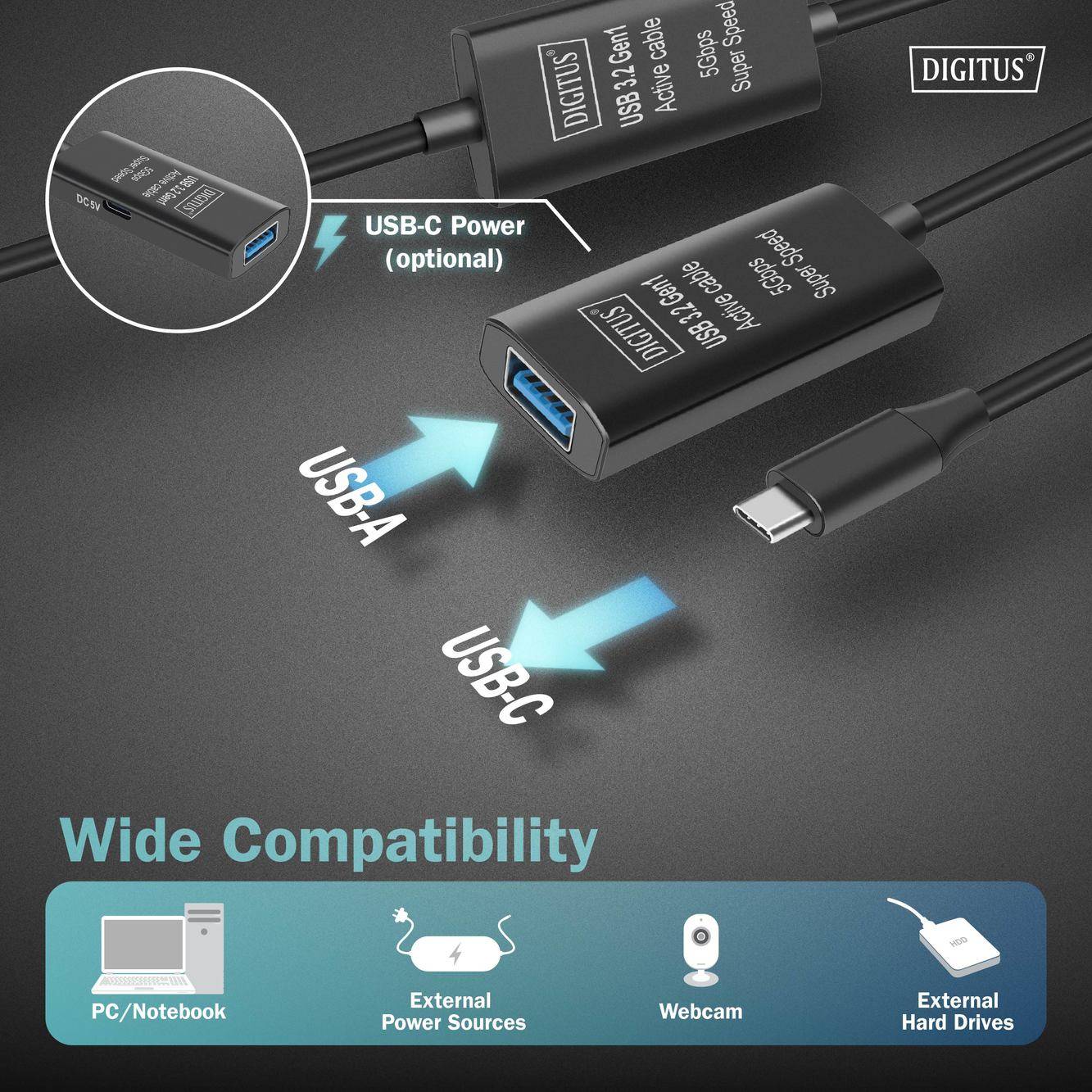 Digitus USB-Kabel USB 3.2 Gen1, USB 3.2 Gen1, USB 3.0 USB-C®, USB-C® Stecker, USB-A Buchse 10.00 m Schwarz Aktiv mit Sig-5