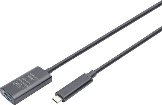 Digitus USB-Kabel  USB 3.2 Gen2, USB 3.2 Gen2, USB 3.2 Gen1, USB 3.2 Gen1, USB 3.1 Gen2, USB 3.1 Gen1, USB 3.0 USB-C®, USB-C® Stecker, USB-A Buchse 5.00 m Schwarz Aktiv mit Signalverstärkung, beidseitig verwendbarer Stecker, doppelt geschirmt, Flexibel, Geschirmt, mit Knickschutztülle, mit USB, mit Verlängerungskabel DA-73113