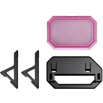 Mehrteiliges Computerzubehörset in Schwarz und Pink bestehend aus Lüfter, Halterung und zwei Montageclips.
