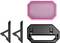 Mehrteiliges Computerzubehörset in Schwarz und Pink bestehend aus Lüfter, Halterung und zwei Montageclips.