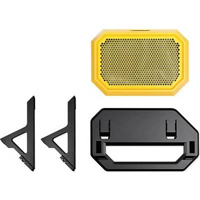 Tragbarer gelber Lautsprecher, zwei schwarze Ständer und eine schwarze Halterung; geeignet für Outdoor-Aktivitäten.