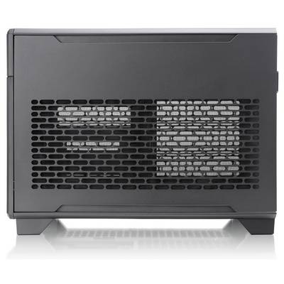 Schwarzes Computergehäuse in rechteckiger Form mit sichtbarem Lüftungsgitter auf der Seite, geeignet für Mini-ITX-Mainboards.