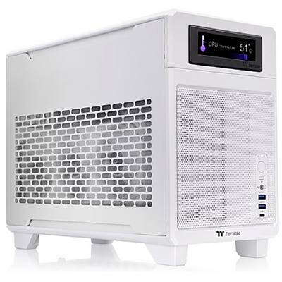 Ein weißes Desktop-PC-Gehäuse mit Temperaturanzeige. Es zeigt GPU-Temperatur von 51°C an. Vorne befinden sich Lüftungsschlitze und Anschlussports.