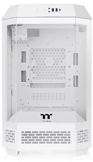 Weiße, leere Computergehäuse mit transparenten Seitenteilen und Front, geeignet für PC-Zusammenbau und Hardware-Präsentation.