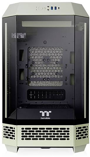 PC-Gehäuse in Turmform, transparentes Glas vorne und an den Seiten, mit Belüftungsschlitzen unten, zeigt Innenstruktur für Komponenten.