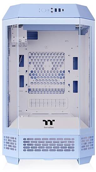 Blaues Computergehäuse ohne sichtbare Komponenten, mit markantem Frontgitter und durchsichtigem Seitenfenster.