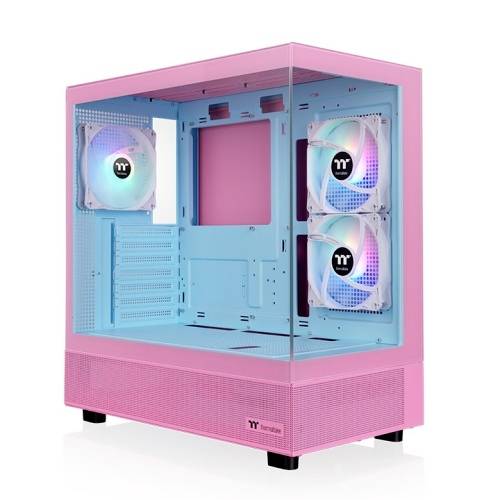 Ein leerer, pink-blauer Computergehäuse-Tower mit transparentem Seitenfenster zeigt drei bunte Lüfter. Ideal für PC-Bastler.