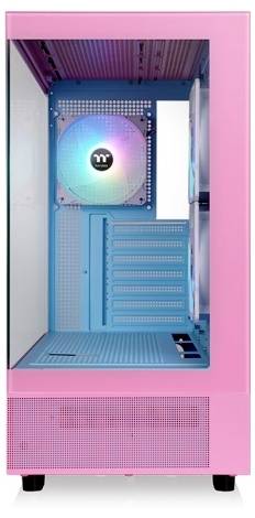Ein rosafarbenes PC-Gehäuse mit transparentem Seitenfenster und beleuchtetem Ventilator im Inneren.