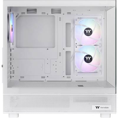 Weiße Computergehäuse mit durchsichtiger Seitenwand zeigt zwei Kühlungslüfter mit RGB-Beleuchtung, die Marke 'Thermaltake' ist sichtbar.