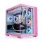 Ein pinker PC-Tower mit transparentem Gehäuse zeigt bunte LED-beleuchtete Lüfter und Komponenten.