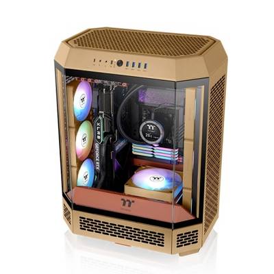 Gaming-PC mit transparentem Gehäuse, innen bunte LED-Leuchten und sichtbar platzierte Hardwarekomponenten.