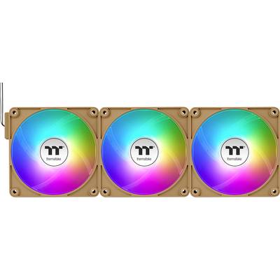 Drei leuchtende RGB-Lüfter in Braun-Gehäuse, parallel installiert. Sie zeigen ein regenbogenfarbenes Muster und das Logo 'thermaltake'.