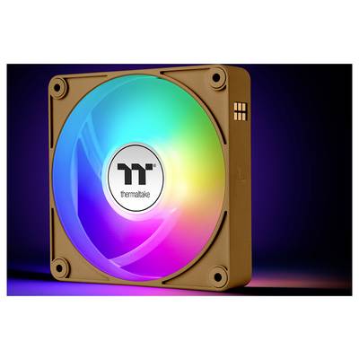 Ein quadratischer Lüfter von Thermaltake leuchtet in Regenbogenfarben.
