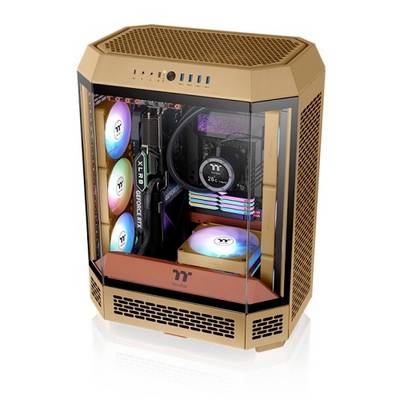 Ein Computergehäuse mit Glasfront zeigt bunte, beleuchtete Lüfter und Komponenten im Inneren, passend für Gaming-Setups.