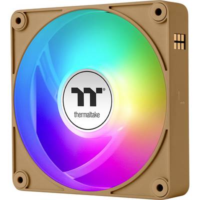 Ein quadratischer Lüfter mit farbiger RGB-Beleuchtung und dem Logo 'Thermaltake' in der Mitte. Der Rahmen ist braun.