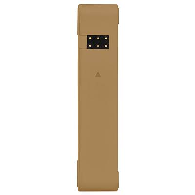 Brauner vertikaler Gegenstand mit schwarzem Quadrat und goldenen Punkten oben. Enthält ein kleines Dreieckssymbol in der Mitte.