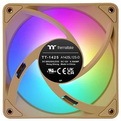 Ein bunter Computerlüfter von Thermaltake mit RGB-LED-Beleuchtung, Modell TT-1425. Text auf der Lüftermitte beschreibt technische Spezifikationen.