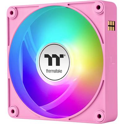 Ein quadratischer, rosa Computerlüfter mit regenbogenartigen LED-Lichtern. In der Mitte ist das 'thermaltake'-Logo sichtbar.