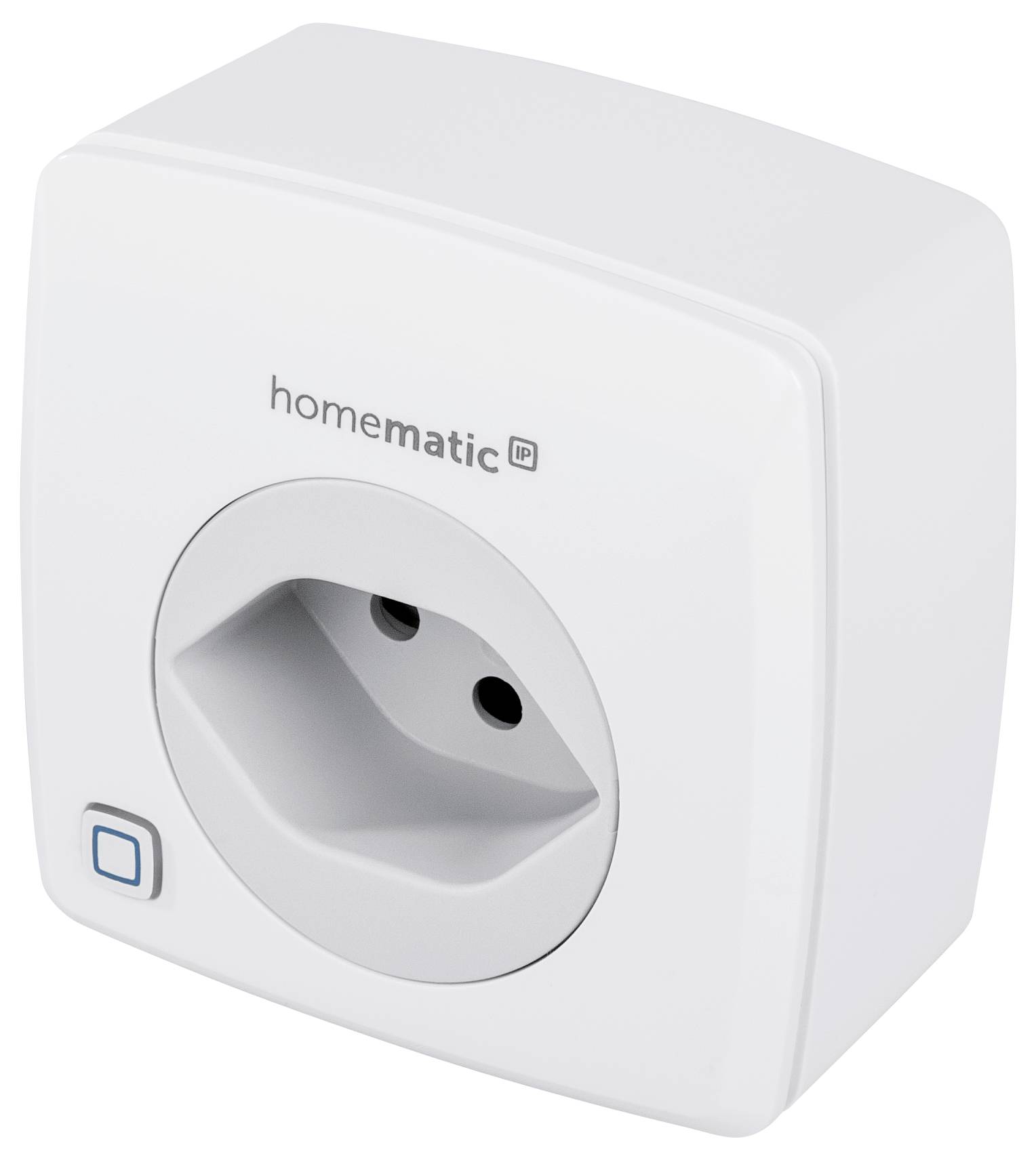 Ein weißer, quadratischer Stromadapter mit der Aufschrift 'homematic IP' und einem Schalter unten links auf der Vorderseite.