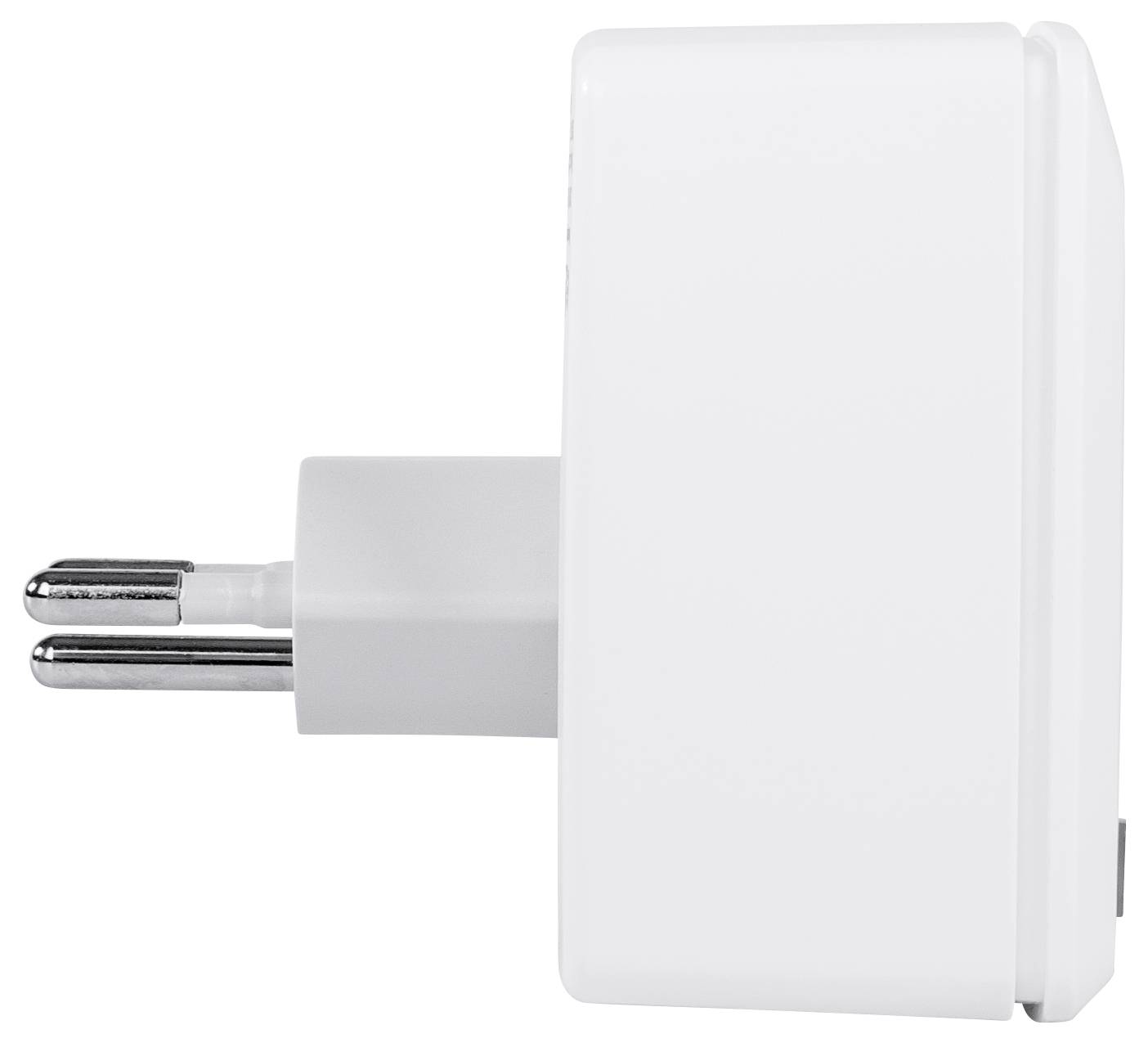 Weiße Steckerladegerät für den europäischen Stecker. Zeigt das schlanke Design in Profilansicht.