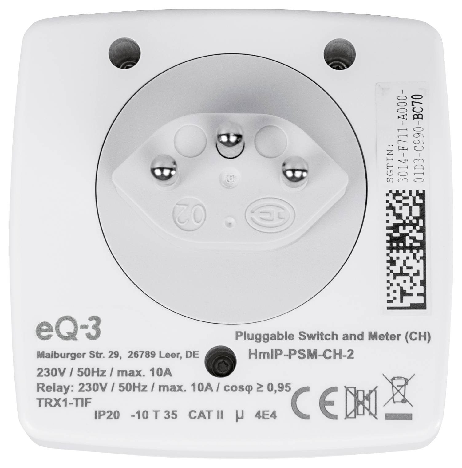 Rückseite eines Pluggable Switch and Meter (CH) von eQ-3 mit Aufschrift 'HmiP-PSM-CH-2', technischen Daten, QR-Code und Anschlüssen.