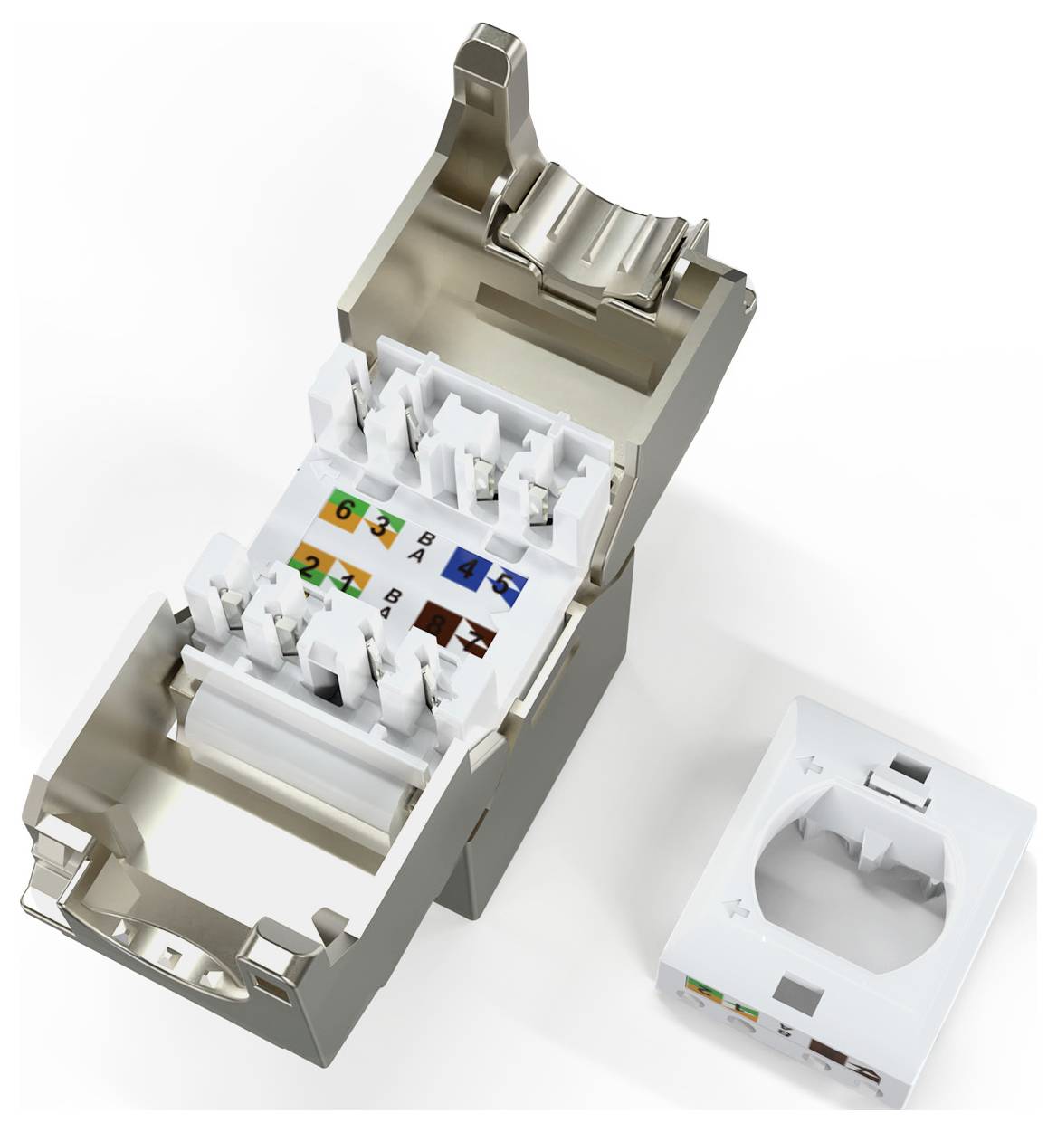 Ein modularer Netzwerkstecker öffnet sich, zeigt farblich kodierte Anschlüsse für die Verkabelung. Ein abnehmbares Gehäuse liegt daneben.