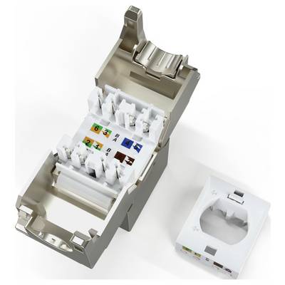 Ein modularer Netzwerkstecker öffnet sich, zeigt farblich kodierte Anschlüsse für die Verkabelung. Ein abnehmbares Gehäuse liegt daneben.