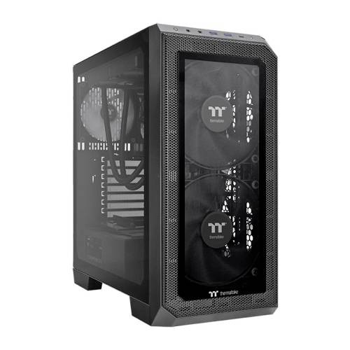 Ein schwarzes Computergehäuse mit zwei sichtbaren Lüftern an der Vorderseite. Das Gehäuse hat ein klares Seitenfenster.
