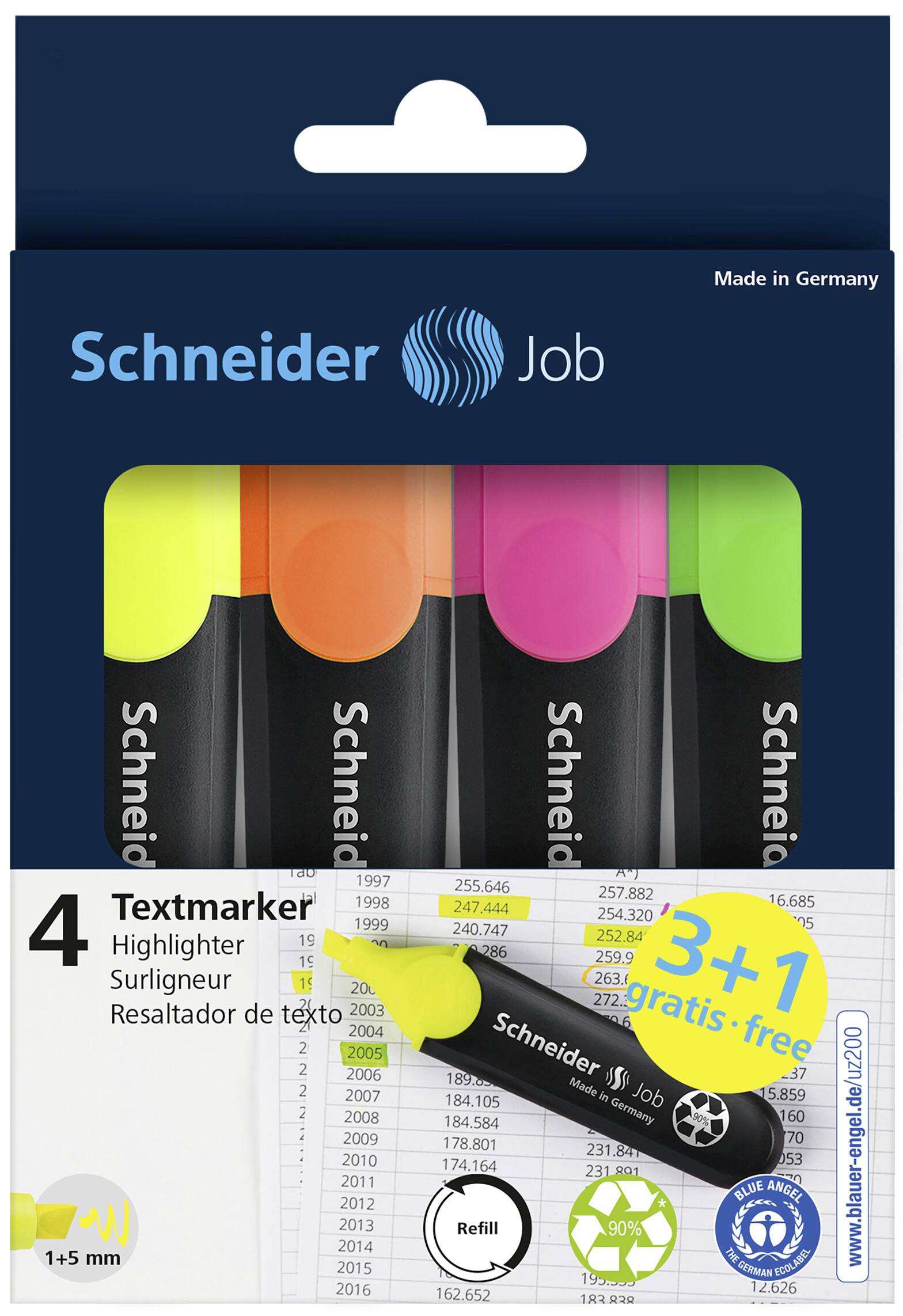 Verpackung von Schneider Highlightern in Gelb, Orange, Rosa und Grün; Aufschrift '3+1 gratis'. Enthält eine Tabelle mit Zahlen.