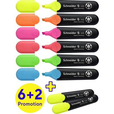 Acht Textmarker in verschiedenen Farben (gelb, orange, pink, grün, blau) mit Aufschrift 'Schneider Job'. Promo-Angebot: 6+2 gratis.
