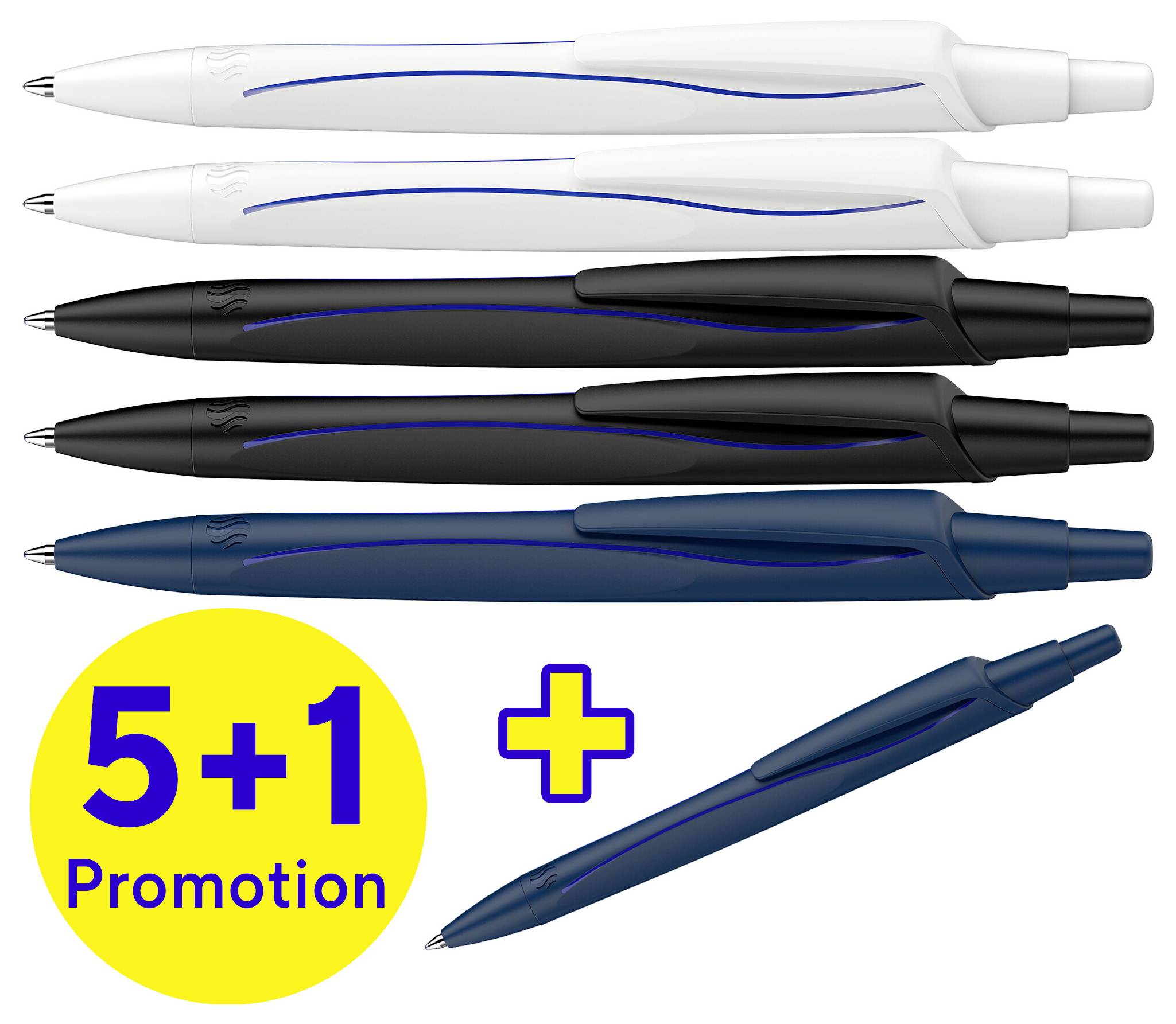 Sechs Kugelschreiber in Weiß, Schwarz und Blau. Text '5+1 Promotion' in gelbem Kreis. Ein zusätzlicher blauer Kugelschreiber unten.