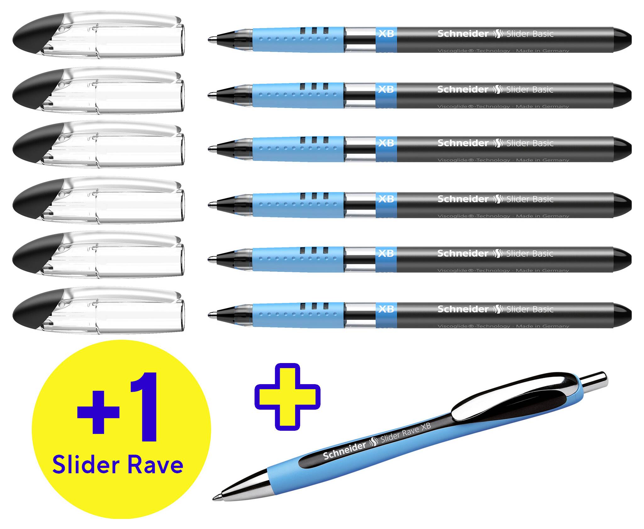 'Acht schwarze Kugelschreiber und ein blauer, je mit Klickmechanismus. Zusatzhinweis: "+1 Slider Rave" im gelben Kreis.'