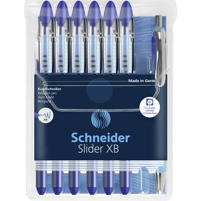Ein Set von fünf blauen Kugelschreibern der Marke Schneider, Modell Slider XB, verpackt in einer transparenten Kunststoffhülle, 'Made in Germany'.
