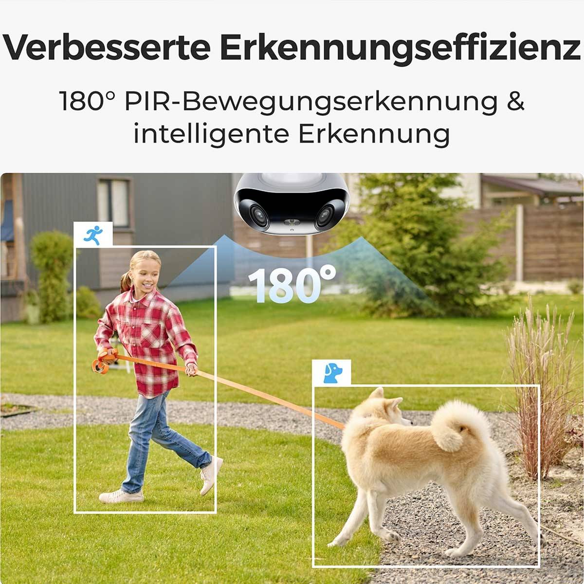 Ein Kind führt einen Hund an der Leine im Garten. Text: 'Verbesserte Erkennungseffizienz 180° PIR-Bewegungserkennung & intelligente Erkennung'.