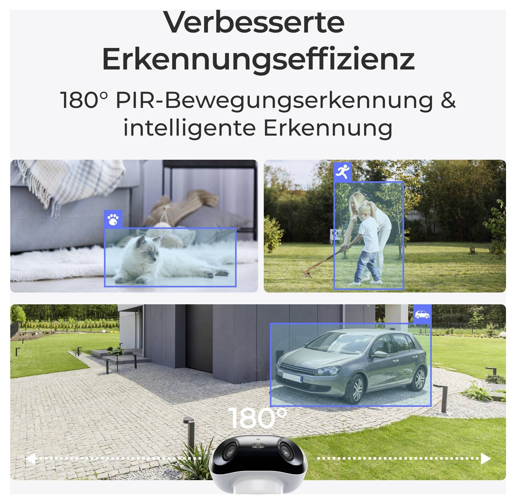 'Verbesserte Erkennungseffizienz' - Bild, das eine 180° PIR-Bewegungserkennung mit intelligenter Erkennung für Haustiere, Personen und Fahrzeuge zeigt.