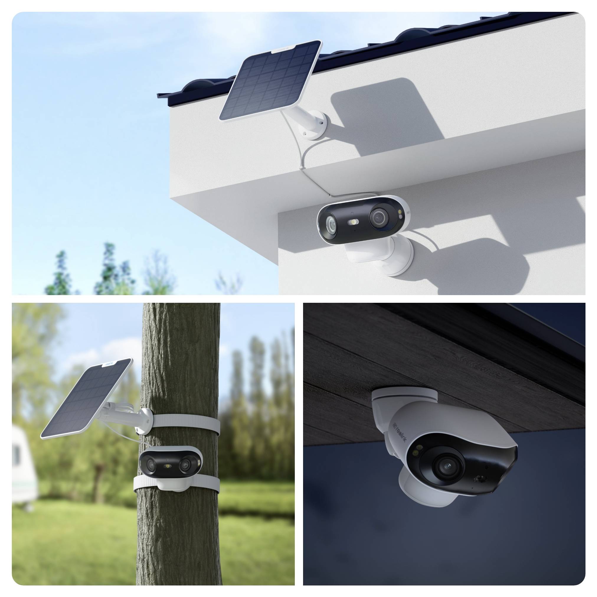 Drei Bilder von Außensicherheitskameras mit Solarpanels, montiert an verschiedenen Standorten: Dachecke, Baumstamm und unter einem Vordach.