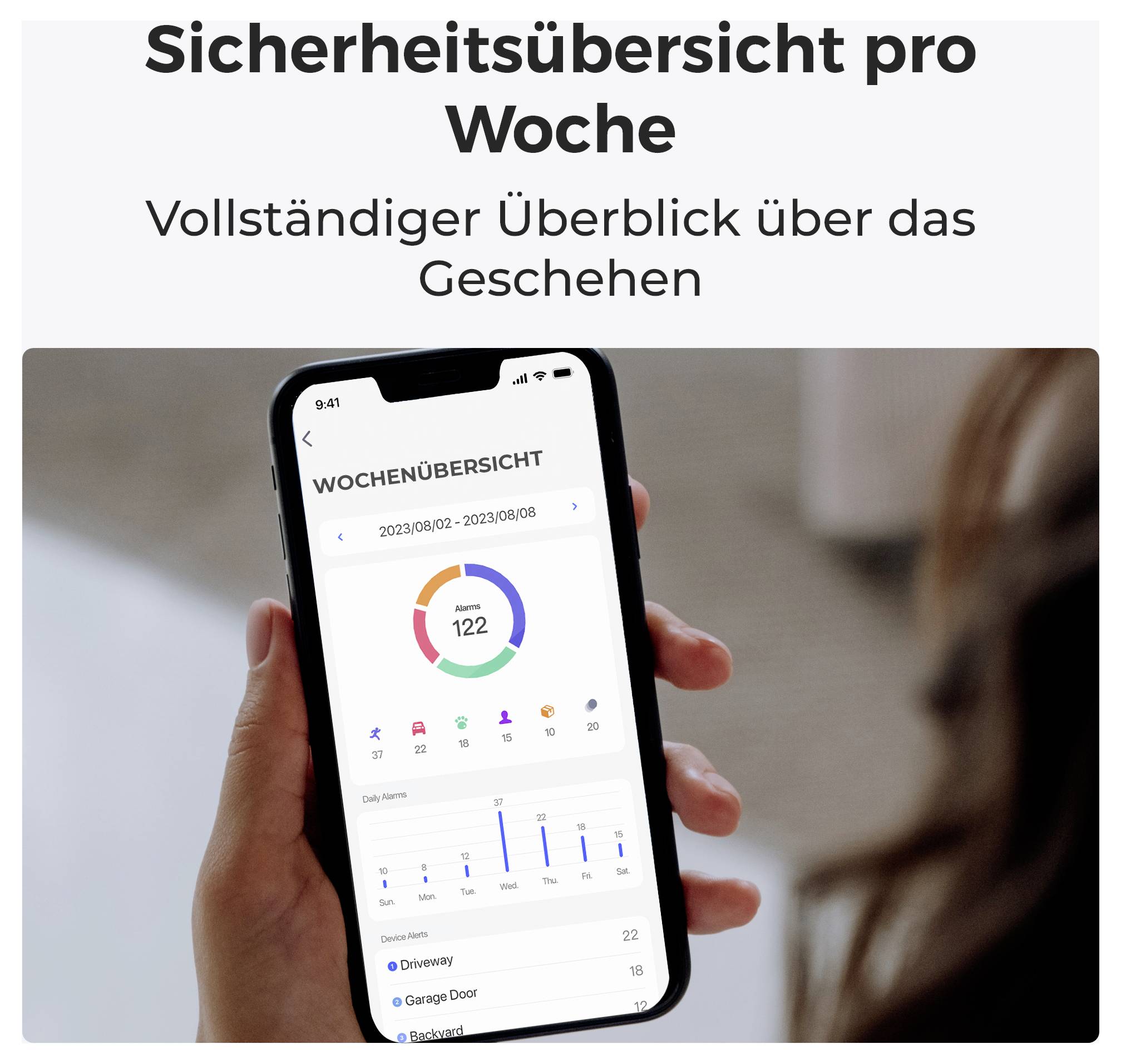 Eine Person hält ein Smartphone mit einer wöchentlichen Sicherheitsübersichts-App, die ein Kreisdiagramm und ein Liniendiagramm von Aktivitäten wie ‚Einfahrt' und ‚Garagentor' zeigt.