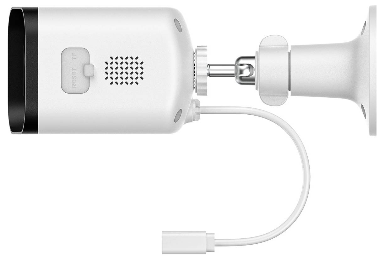 Überwachungskamera in Seitenansicht, montiert auf einer weißen Wandhalterung, mit Kabel für Stromversorgung und Reset-Taste sichtbar.