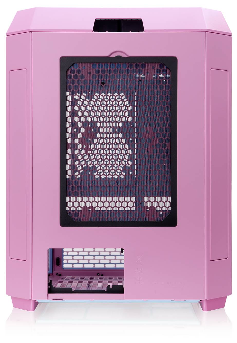 Ein rosa Computergehäuse mit Sichtfenster auf der linken Seite, das interne Komponenten zeigt.
