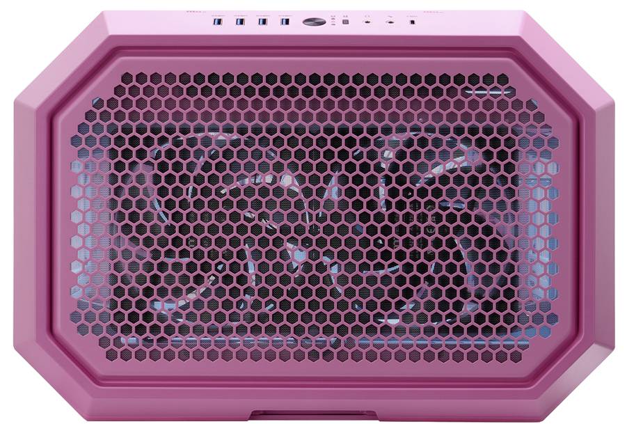 Ein pinkfarbenes Computergehäuse mit wabenförmigem Gitter an der Vorderseite, hinter dem Lüfter sichtbar sind. Oben befinden sich Anschlüsse.