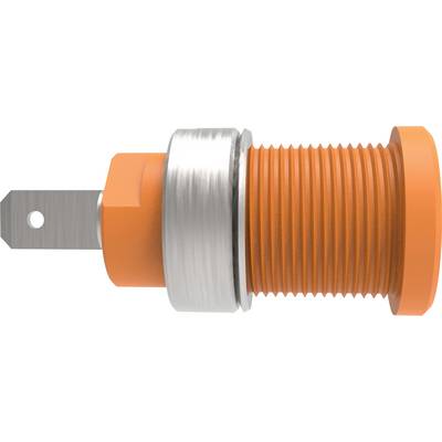 Ein orangefarbener, geriffelter Metallstecker mit einem silbernen Ring, typischerweise für elektrische Verbindungen verwendet.