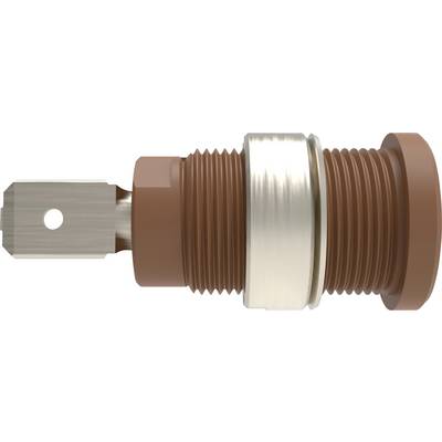 Ein brauner, zylindrischer elektrotechnischer Bauteil mit Metallgewinde und Isolator, wahrscheinlich ein Steckverbinder.