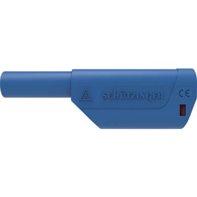 Blauer Schutzstecker mit Schriftzug 'Schützinger' und CE-Kennzeichnung. Enthält Warnsymbol.