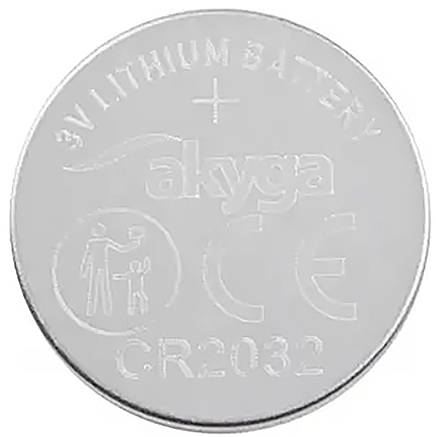 Runde Silberbatterie mit Gravur '3V LITHIUM BATTERY', 'CR2032', Markenname, und Warnsymbol für Kleinteile.