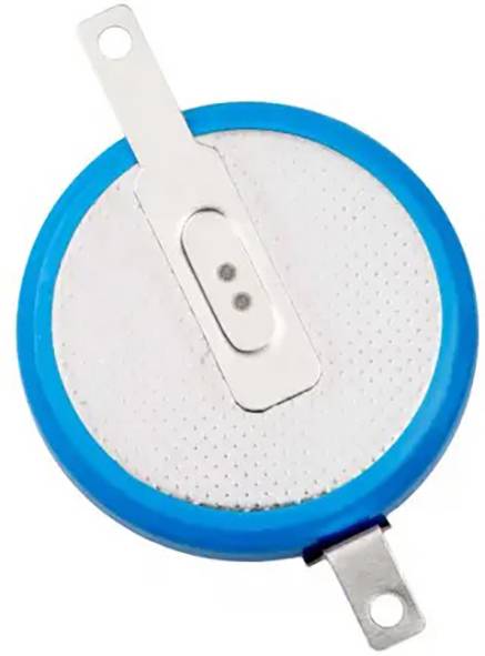 Runder Temperatursensor mit blauem Rand und zwei Metallkontakten. Verwendet zur Messung und Übertragung von Temperaturdaten.