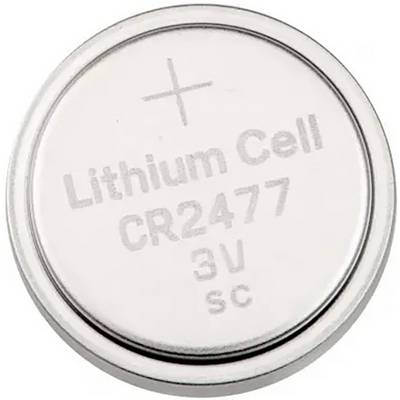 Runde Lithium-Knopfzelle mit der Aufschrift 'Lithium Cell CR2477 3V SC'.
