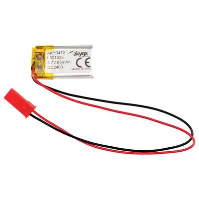 Kleiner Lithium-Polymer-Akku mit 85mAh und 3,7V von Akyga, verbunden mit roten und schwarzen Kabeln. Geeignet für kleine elektronische Geräte.