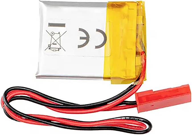 Flacher Lithium-Polymer-Akku mit gelbem Schutzband, rotem und schwarzem Kabel und rotem Anschluss. Symbolisiert Recycling- und CE-Zertifizierung.