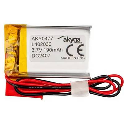 Kleiner rechteckiger Akku mit Aufschrift 'akya battery', 3,7V, 190mAh, hergestellt in PRC. Rote und schwarze Drähte sind angebracht.