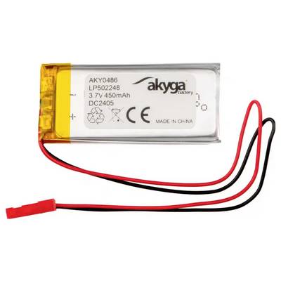 Lithium-Ionen-Akku mit Kabeln und Stecker. Aufschrift: 'akyga battery', Kapazität: 3,7V 450mAh, made in China.